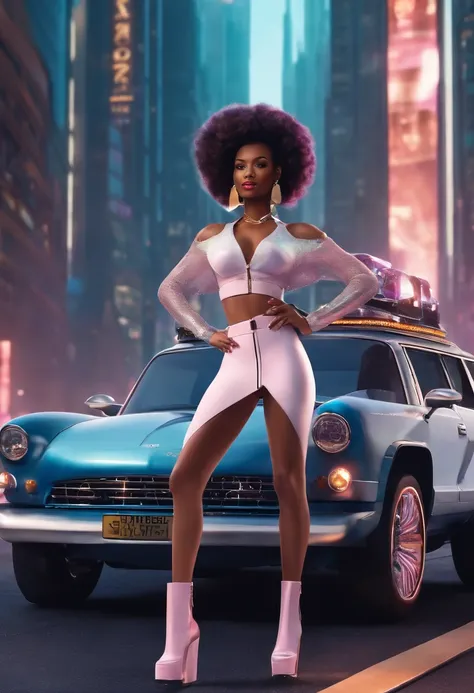 (Masterpiece - Detailed - Best Quality)

The image depicts a gorgeous thick-framed African American woman with wide hips and a full bust posing confidently in front of a sleek futuristic SUV. She is rendered in a fusion of kawaii and barbiecore styles, whi...