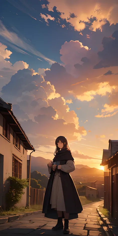 Vast landscape photos、Old European streets in the Middle Ages、Depiction looking up from the bottom、girl with、The sunset is beautiful、large clouds visible