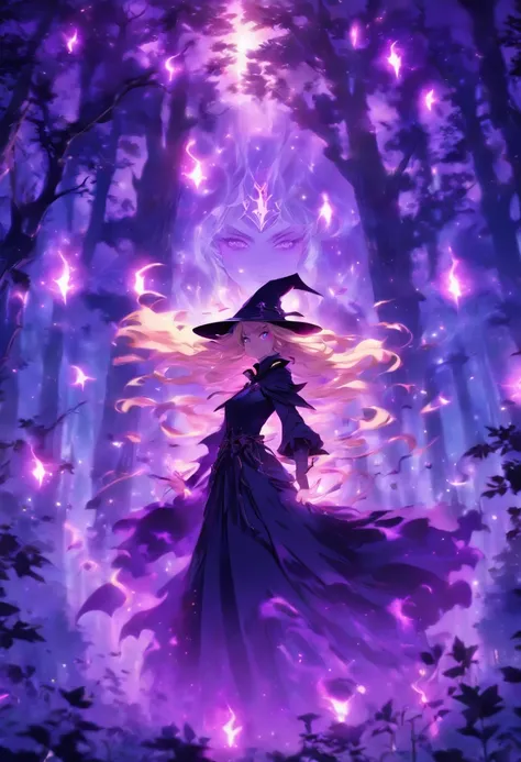 female with glowing purple eyes, blonde hair, witch, goddess, casting glowing spells, in mystical fantasy woods