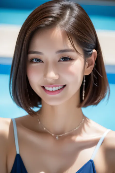 (best qualtiy，4K：1.3），hyper realisitic，(Colossal tits: 1.2),　Cheerful woman ，１Man Woman, dark brown hair、sitting on,　A refreshing smile、 poolparty，Detailed eyes，二重まぶた，Sensual dress with low collar,hanging breasted,Super Detailed Face，Detailed lips