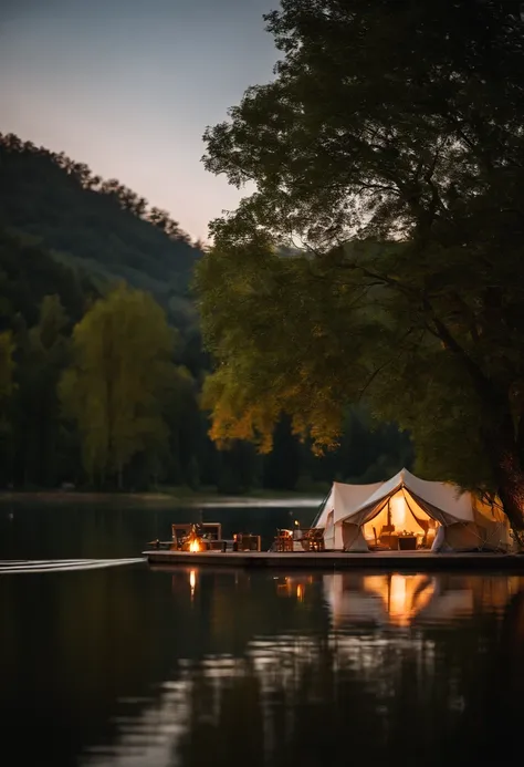 Glamping Site, Wide-angle shooting details, Panorama Shot, Lake Side Tent, chairs and tables, summer twilight background, Setting up a camp area, Take wide-angle panoramas, Shooting with the EOS 5D Mark IV, Summer lake zone settings, The surroundings inclu...