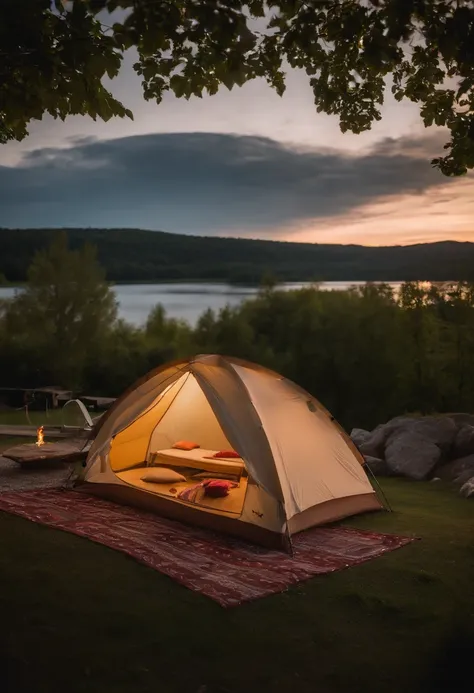 Glamping Site, Wide-angle shooting details, Panorama Shot, Lake Side Tent, chairs and tables, summer twilight background, Setting up a camp area, Take wide-angle panoramas, Shooting with the EOS 5D Mark IV, Summer lake zone settings, The surroundings inclu...