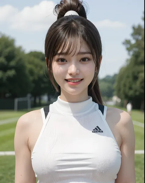 zydG, 1girl, detailed skin, looking at viewer, brown eyes, (ponytail with bangs:1.2), (large breasts:1.0), (large areolae:0.8), smile with white teeth,
(photorealistic:1.4), (best quality:1.0), (ultra highres:1.0), 8k, RAW photo, (masterpiece:0.2), (sports...