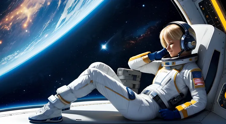 realistic Illustration of a short blond female pilot exploring space ultra-high definition detail, She sits in her bedroom on the spaceship ultra-high definition detail, taking a rest listening to music exploring the unknown realm of the universe, It is ch...