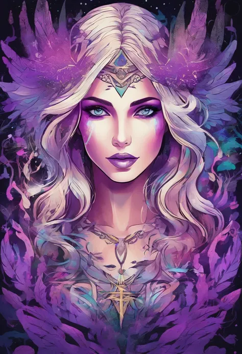 female with glowing purple eyes, blonde hair, witch, goddess, casting glowing spells, in mystical fantasy woods