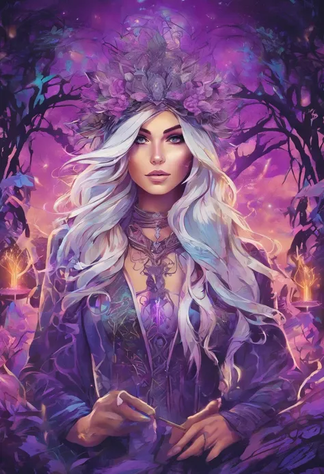 female with glowing purple eyes, blonde hair, witch, goddess, casting glowing spells, in mystical fantasy woods