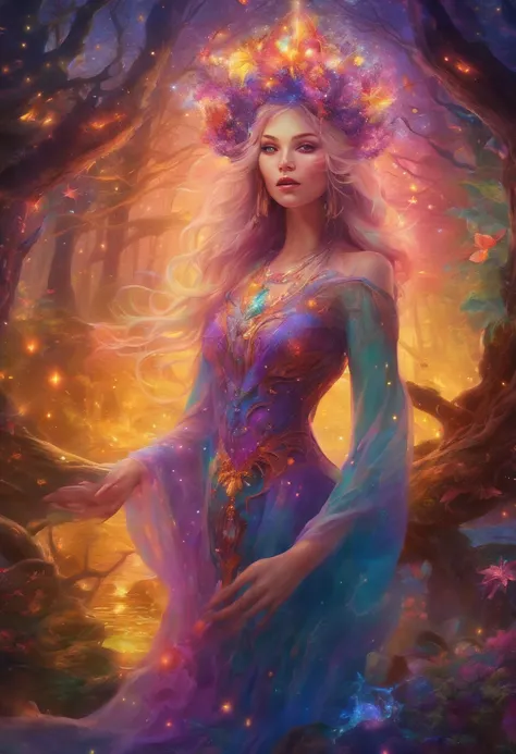 (best quality,4k,8k,highres,masterpiece:1.2),ultra-detailed,(realistic,photorealistic,photo-realistic:1.37),female with glowing purple eyes,blonde hair,witch,goddess,casting glowing spells,in mystical fantasy woods,illustration,magical atmosphere,mystical ...