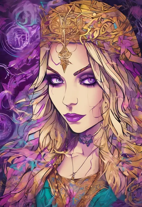 female with glowing purple eyes, blonde hair, witch, goddess, casting glowing spells, in mystical fantasy woods, evil smirk