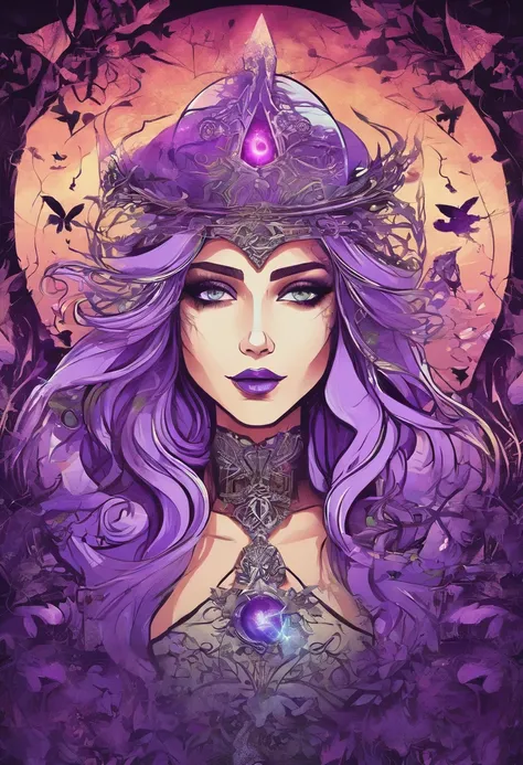 female with glowing purple eyes, blonde hair, witch, goddess, casting glowing spells, in mystical fantasy woods, evil smirk