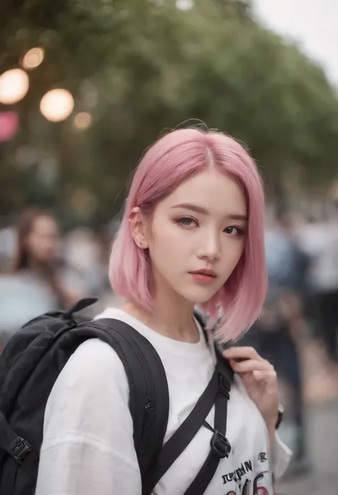 Anime girl with pink hair with backpack, She is seen wearing streetwear pieces, with pink hair, portrait of jossi of blackpink, ulzzangs, ((Pink)), jossi of blackpink, lalisa manoban of blackpink, wearing cyberpunk streetwear, japanese streetwear, With lon...