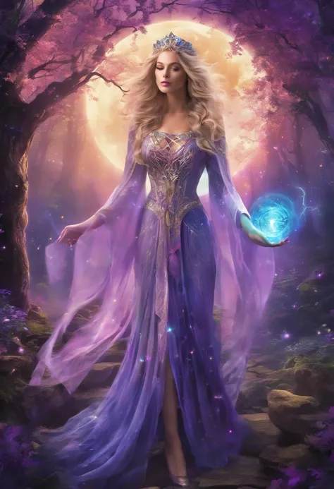 (best quality,4k,8k,highres,masterpiece:1.2),ultra-detailed,(realistic,photorealistic,photo-realistic:1.37),female with glowing purple eyes,blonde hair,witch,goddess,casting glowing spells,in mystical fantasy woods,illustration,magical atmosphere,mystical ...