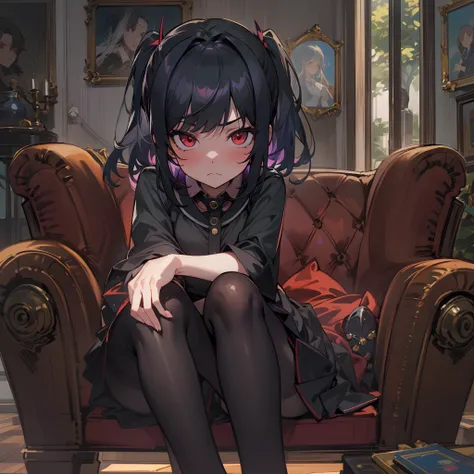 This is a picture of a girl that is mad at the viewer, masterpiece, 8k, highres, top-quality, Extremely detailed, black hair, dark red eyes,black shirt, black miniskirt, sharp eyes, sharp face, tsundere, anime style, sitting on a cushioned chair, crossed l...