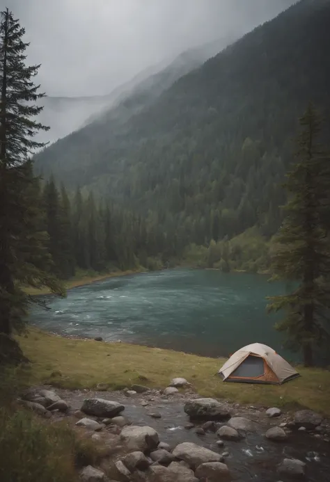 Camping in places with rivers and mountains on rainy days