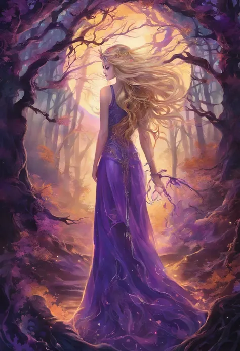 (best quality, highres, ultra-detailed, realistic:1.37), female, glowing purple eyes, long flowing blonde hair, witch, goddess, casting glowing spells, mystical fantasy woods, evil smirk, enchanted atmosphere, hauntingly beautiful, ethereal, dark magic, me...