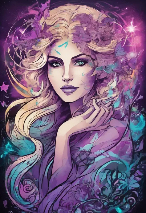 female with glowing purple eyes, blonde hair, witch, goddess, casting glowing spells, in mystical fantasy woods, evil smirk