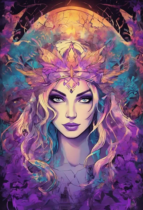 female with glowing purple eyes, blonde hair, witch, goddess, casting glowing spells, in mystical fantasy woods, evil smirk