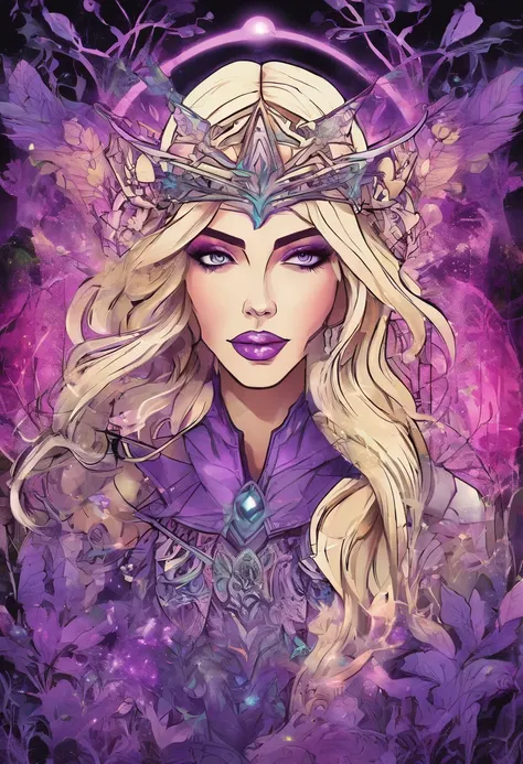 female with glowing purple eyes, blonde hair, witch, goddess, casting glowing spells, in mystical fantasy woods, evil smirk