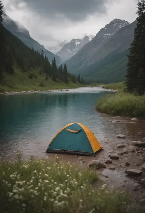 Camping in places with rivers and mountains on rainy days,master-piece