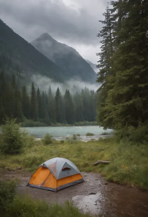 Camping in places with rivers and mountains on rainy days,master-piece