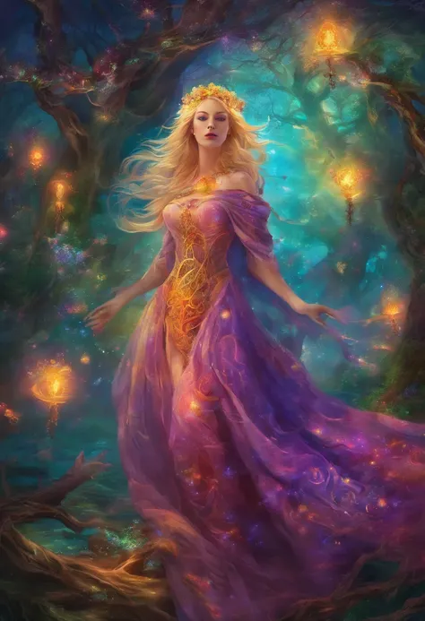 (best quality, highres, ultra-detailed, realistic:1.37), female, glowing purple eyes, long flowing blonde hair, witch, goddess, casting glowing spells, mystical fantasy woods, evil smirk, enchanted atmosphere, hauntingly beautiful, ethereal, dark magic, me...