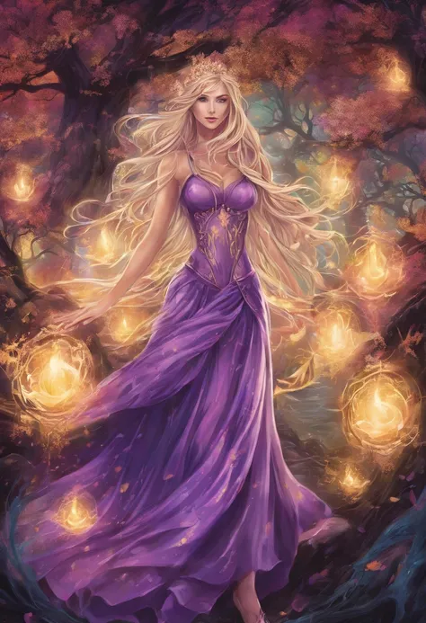 (best quality, highres, ultra-detailed, realistic:1.37), female, glowing purple eyes, long flowing blonde hair, witch, goddess, casting glowing spells, mystical fantasy woods, evil smirk, enchanted atmosphere, hauntingly beautiful, ethereal, dark magic, me...