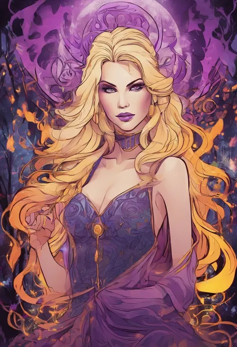 female with glowing purple eyes, blonde hair, witch, goddess, casting glowing spells, in mystical fantasy woods, evil smirk