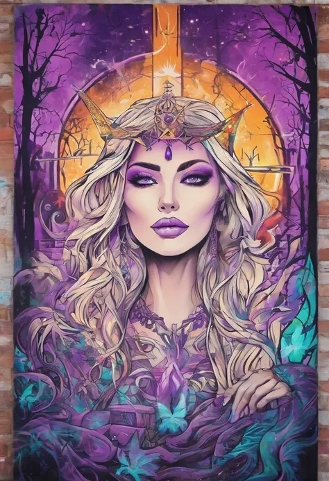 female with glowing purple eyes, blonde hair, witch, goddess, casting glowing spells, in mystical fantasy woods, evil smirk