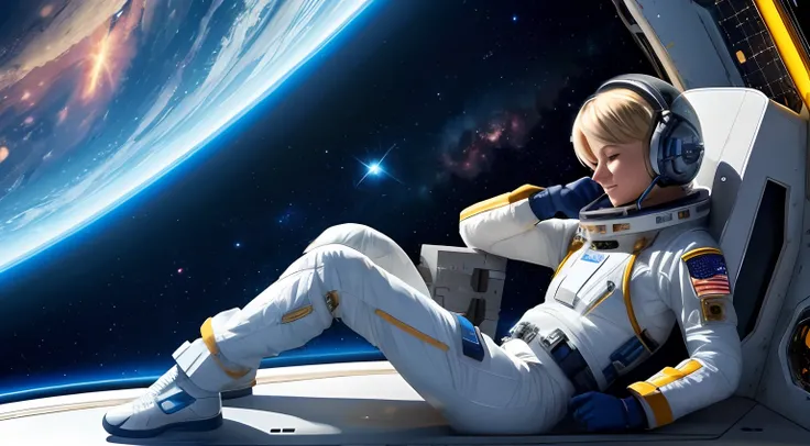 realistic Illustration of a short blond female pilot exploring space ultra-high definition detail, She sits in her bedroom on the spaceship ultra-high definition detail, taking a rest listening to music exploring the unknown realm of the universe, It is ch...