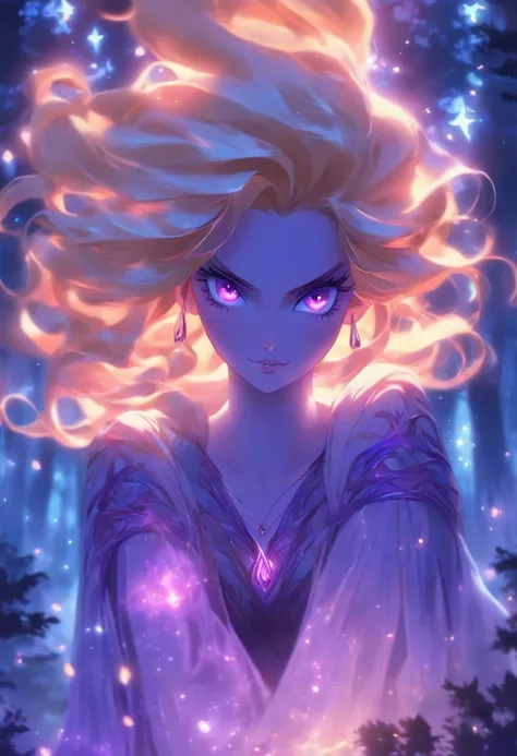 (best quality, highres, ultra-detailed, realistic:1.37), female, glowing purple eyes, long flowing blonde hair, witch, goddess, casting glowing spells, mystical fantasy woods, evil smirk, enchanted atmosphere, hauntingly beautiful, ethereal, dark magic, me...