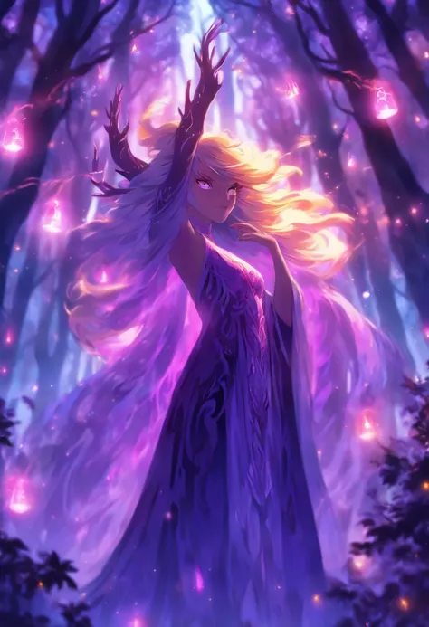 (best quality, highres, ultra-detailed, realistic:1.37), female, glowing purple eyes, long flowing blonde hair, witch, goddess, casting glowing spells, mystical fantasy woods, evil smirk, enchanted atmosphere, hauntingly beautiful, ethereal, dark magic, me...