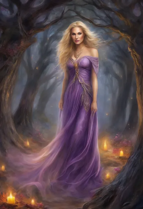 (best quality, highres, ultra-detailed, realistic:1.37), female, glowing purple eyes, long flowing blonde hair, witch, goddess, casting glowing spells, mystical fantasy woods, evil smirk, enchanted atmosphere, hauntingly beautiful, ethereal, dark magic, me...