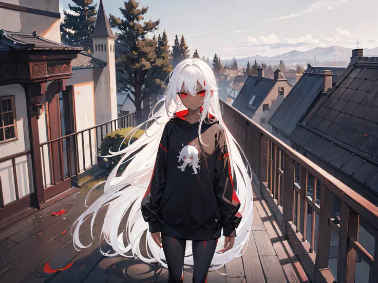 1girl, long white hair, red eyes, black sweatshirt control detail, mid brown skin, gothic, legging pants, house balcony, day, grass, tree, absurdres, high res, ultrasharp, 8K, masterpiece, looking at viewer