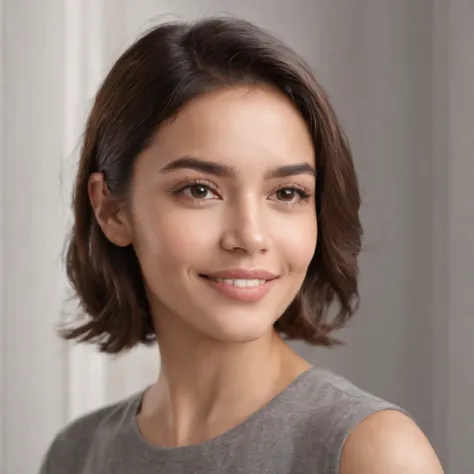 (Photo: 1.3) af (realism: 1.3), (Hispanic), Latina woman profile picture, (frontal close-up), soft light, clear face, happy, cheerful, warm light, white T-shirt, (off-white background), (blank background), ((gray wall background)) avatar, (short hair), smi...