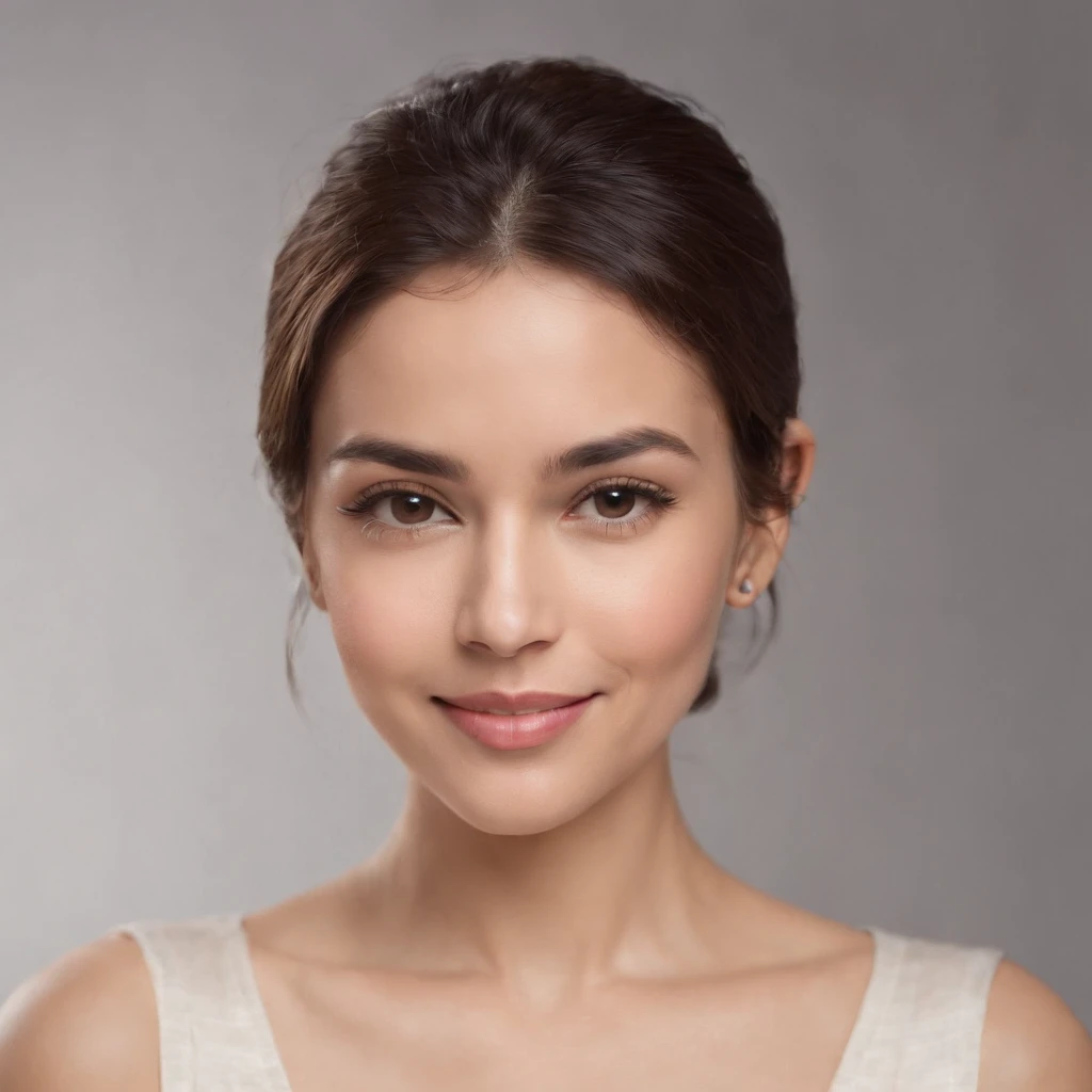 (Photo: 1.3) af (realism: 1.3), (Hispanic), Latina woman profile picture, (frontal close-up), soft light, clear face, happy, cheerful, warm light, white T-shirt, (off-white background), (blank background), ((gray wall background)) avatar, (short hair), smi...