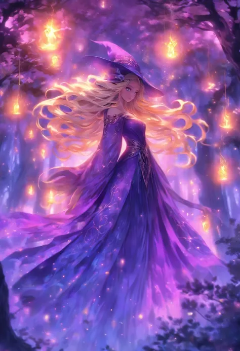 (best quality, highres, ultra-detailed, realistic:1.37), female, glowing purple eyes, long flowing blonde hair, witch, goddess, casting glowing spells, mystical fantasy woods, evil smirk, enchanted atmosphere, hauntingly beautiful, ethereal, dark magic, me...