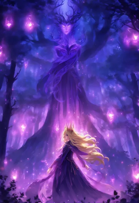 (best quality, highres, ultra-detailed, realistic:1.37), female, glowing purple eyes, long flowing blonde hair, witch, goddess, casting glowing spells, mystical fantasy woods, evil smirk, enchanted atmosphere, hauntingly beautiful, ethereal, dark magic, me...