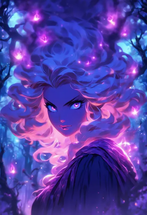 (best quality, highres, ultra-detailed, realistic:1.37), female, glowing purple eyes, long flowing blonde hair, witch, goddess, casting glowing spells, mystical fantasy woods, evil smirk, enchanted atmosphere, hauntingly beautiful, ethereal, dark magic, me...