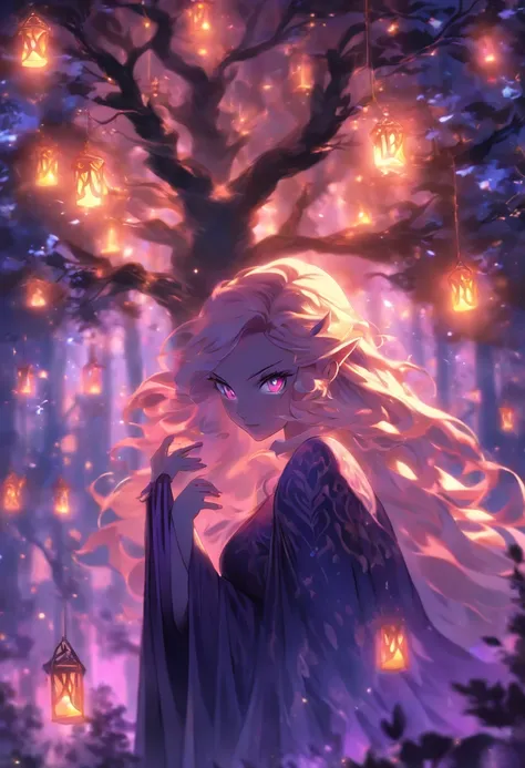 (best quality, highres, ultra-detailed, realistic:1.37), female, glowing purple eyes, long flowing blonde hair, witch, goddess, casting glowing spells, mystical fantasy woods, evil smirk, enchanted atmosphere, hauntingly beautiful, ethereal, dark magic, me...