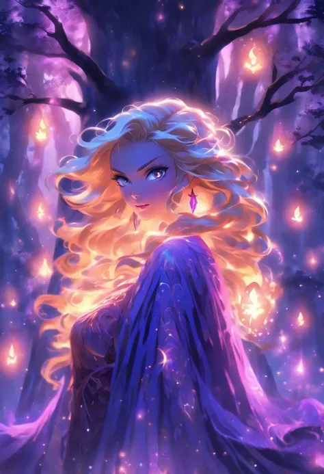 (best quality, highres, ultra-detailed, realistic:1.37), female, glowing purple eyes, long flowing blonde hair, witch, goddess, casting glowing spells, mystical fantasy woods, evil smirk, enchanted atmosphere, hauntingly beautiful, ethereal, dark magic, me...