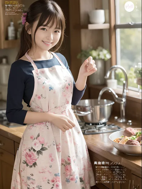 (top-quality、​masterpiece)、Cover of womens cooking magazine、1girl in、18year old、A stunning、cute little、Heartwarming smile、The figure of the hourglass、Wearing a floral dress、Pinney Apron、Beautiful food、Texto、diagrams、advertisement、magazine title、pink apron、...