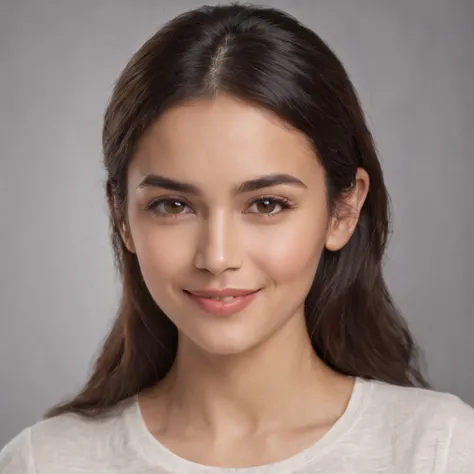 (Photo: 1.3) af (realism: 1.3), (Hispanic), Latina woman profile picture, (frontal close-up), soft light, clear face, happy, cheerful, warm light, white T-shirt, (off-white background), (blank background), ((gray wall background)) avatar, (long hair), smil...