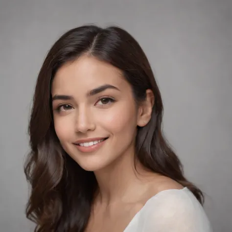 (Photo: 1.3) af (realism: 1.3), (Hispanic), Latina woman profile picture, (frontal close-up), soft light, clear face, happy, cheerful, warm light, white T-shirt, (off-white background), (blank background), ((gray wall background)) avatar, (long hair), smil...