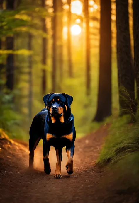 Big, strong, rottweiler, walking, on forest sun ligth on back