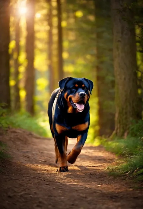 Big, strong, rottweiler, walking, on forest sun ligth on back