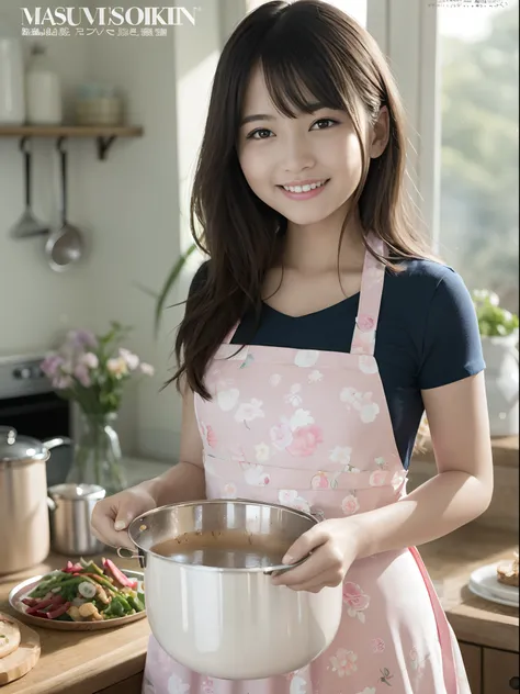 (top-quality、​masterpiece)、Cover of womens cooking magazine、1girl in、18year old、A stunning、cute little、Heartwarming smile、The figure of the hourglass、Wearing a floral dress、Pinney Apron、Beautiful food、Texto、diagrams、advertisement、magazine title、pink apron、...