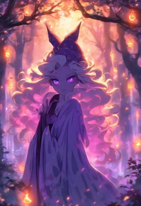 (best quality, highres, ultra-detailed, realistic:1.37), female, glowing purple eyes, long flowing blonde hair, witch, goddess, casting glowing spells, mystical fantasy woods, evil smirk, enchanted atmosphere, hauntingly beautiful, ethereal, dark magic, me...