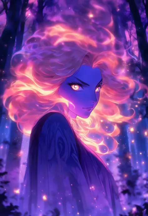 (best quality, highres, ultra-detailed, realistic:1.37), female, glowing purple eyes, long flowing blonde hair, witch, goddess, casting glowing spells, mystical fantasy woods, evil smirk, enchanted atmosphere, hauntingly beautiful, ethereal, dark magic, me...