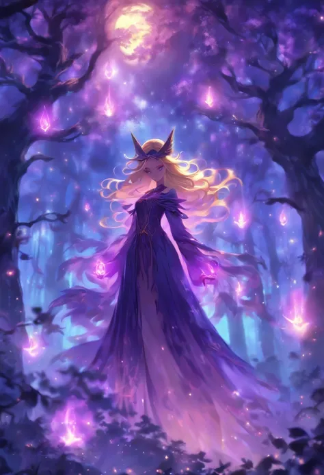 (best quality, highres, ultra-detailed, realistic:1.37), female, glowing purple eyes, long flowing blonde hair, witch, goddess, casting glowing spells, mystical fantasy woods, evil smirk, enchanted atmosphere, hauntingly beautiful, ethereal, dark magic, me...