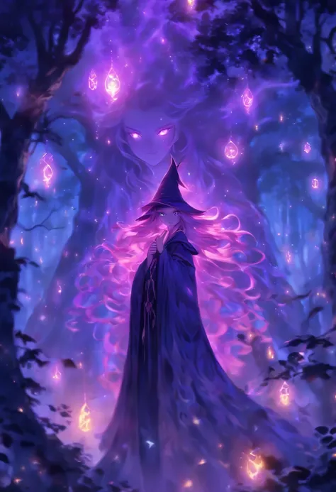 (best quality, highres, ultra-detailed, realistic:1.37), female, glowing purple eyes, long flowing blonde hair, witch, goddess, casting glowing spells, mystical fantasy woods, evil smirk, enchanted atmosphere, hauntingly beautiful, ethereal, dark magic, me...