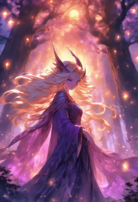 (best quality, highres, ultra-detailed, realistic:1.37), female, glowing purple eyes, long flowing blonde hair, witch, goddess, casting glowing spells, mystical fantasy woods, evil smirk, enchanted atmosphere, hauntingly beautiful, ethereal, dark magic, me...